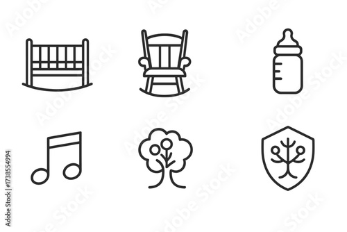 Parental Devotion Icons. Outline icon set of parental devotion: baby cradle, rocking chair, family embrace, feeding bottle, lullaby music notes, diaper bag,