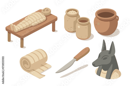 Mummification Process Icons. Isometric vector illustration set Mummification process elements: embalming table, natron salt jars,