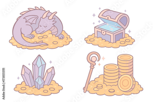 Fantasy Treasure Hoard. Isometric vector illustration set Fantasy treasure hoard: dragon curled around gold pile, magical glowing