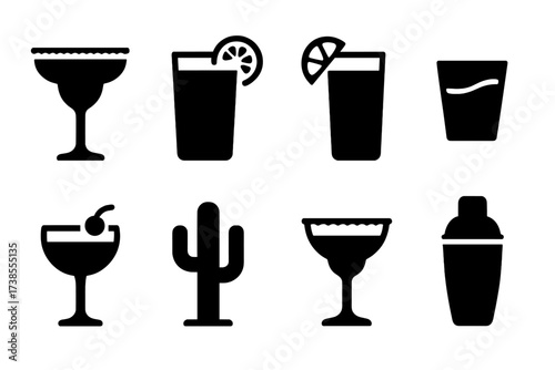 Tequila Cocktail Icons. Solid, filled icon set of tequila cocktails: margarita glass, tequila sunrise, paloma, shot glass with lime, tequila sour, cactus