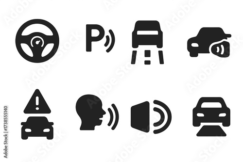Driving Assistance Icons. Solid, filled icon set of driving assistance: cruise control, parking assist, lane assist, blind spot monitor, collision warning,