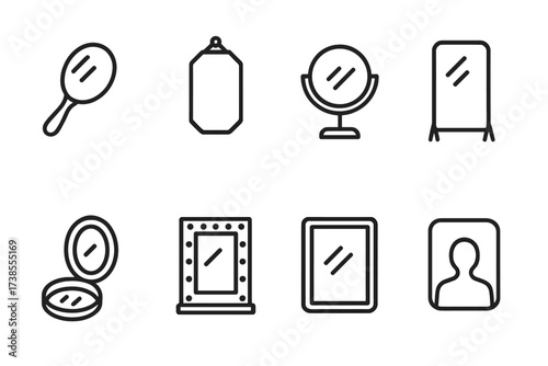 Mirror Icon Set. Outline icon set of mirror: hand mirror, wall mirror, vanity mirror, full-length mirror, compact mirror, mirror with lights, mirror frame,