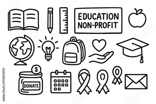 Education Icons Doodle. Hand-drawn doodle illustration Education non-profit book, pencil, ruler, apple, chalkboard, globe, light bulb, backpack, graduation