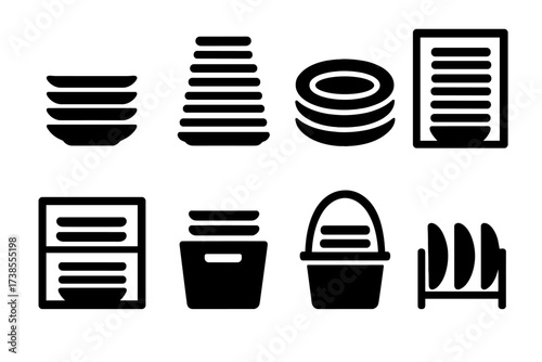 Dish Icon Grid. Solid, filled icon set of dish stacking: stacked dishes, dish pile, nested dishes, dish tower, dish shelf, dish container, dish carrier, dish