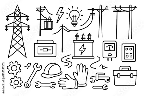 Cartoon Electrical Grid Icons. Hand-drawn doodle illustration electrical grid power lines, transformers, electric poles, substation, wires, light bulb,