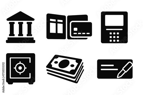 Banking Icons Grid. Solid, filled icon set of bank account basics: bank building, passbook, debit card, credit card, ATM, safe deposit box, money stack,