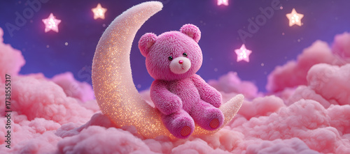 Pink teddy bear sitting on a crescent moon among fluffy pink clouds.