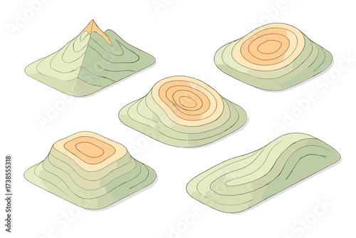 Isometric Topographic Mapping. Isometric vector illustration set topographic map contour elevation: mountain ridge layered lines,