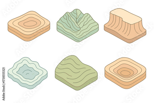Desert Plateau Contours. Isometric vector illustration set topographic map contour elevation: desert plateau contour shading,