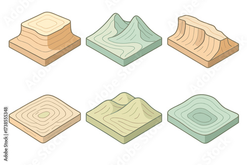 Desert Plateau Contours. Isometric vector illustration set topographic map contour elevation: desert plateau contour shading,