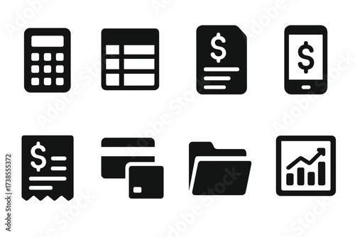 Unpaid Financial Tools Icons. Solid, filled icon set of unpaid financial tools: calculator, spreadsheet, budget planner, financial app, invoice template,