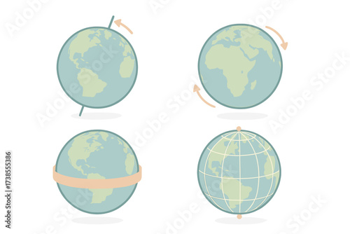 Isometric Earth Diagram. Isometric vector illustration set globe spin axis geography: earth axial tilt diagram, rotating globe