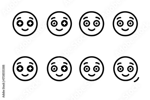 Icons of Admiration. Outline icon set of admiring gaze: wide eyes, shining pupils, gentle smile, uplifted brows, open expression, hopeful look, warm gaze,