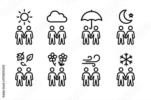 Romantic Weather Icon Set. Outline icon set of romantic walk weather: sunny, cloudy, rain with umbrella, night with moon, autumn leaves, spring flowers, light