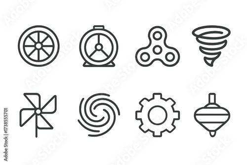Spin Icon Collection. Outline icon set of spin: spinning wheel, roulette, fidget spinner, tornado, pinwheel, cyclone, gear, spinning top. Line icons in only
