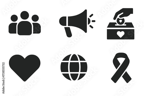 Social Initiatives Icons. Solid, filled icon set of social initiatives: community group, megaphone, helping hand, donation box, heart symbol, globe, awareness