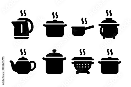Cooking Containers Icons. Solid, filled icon set of boiling liquids container types: kettle, pot, saucepan, cauldron, teapot, pressure cooker, steamer basket,