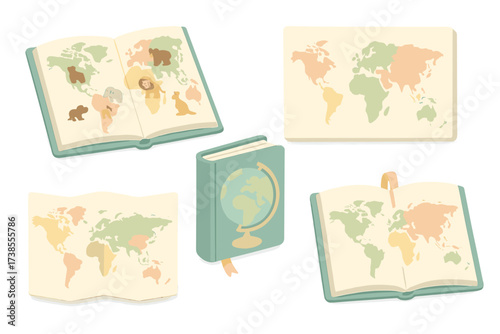 Children's Atlas Illustration. Isometric vector illustration set atlas book world countries: children’s atlas simplified maps,