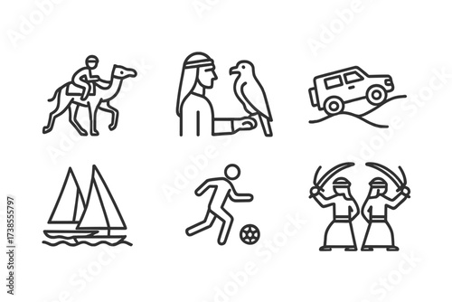 Kuwaiti Sports Icons. Outline icon set of Kuwaiti sports: Camel racing, Falconry, Horse riding, Dune bashing, Sailing regatta, Football, Archery, Traditional