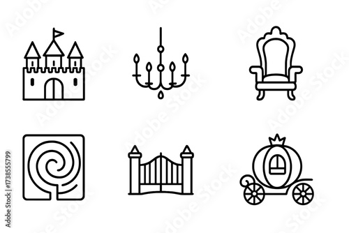 Cinderella's Royal Icons. Outline icon set of Cinderella?s royal setting: castle, ballroom chandelier, royal throne, garden maze, balcony, palace gates,
