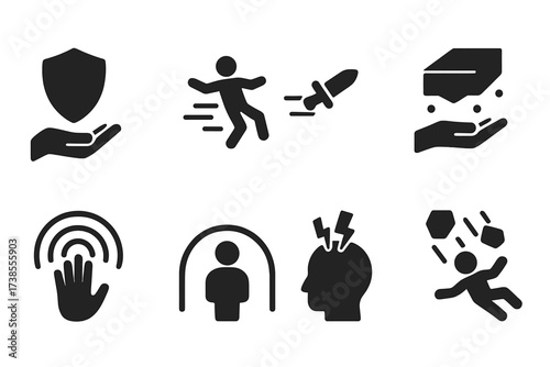 Telekinesis Icon Set. Solid, filled icon set of battle telekinesis: levitating shield, thrown enemy, flying weapon, ground lift, shockwave hand, defense dome,