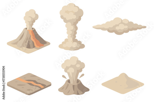 Volcanic Eruption Icons. Isometric vector illustration set volcanic ash eruption plume: volcanic cone eruption, towering ash