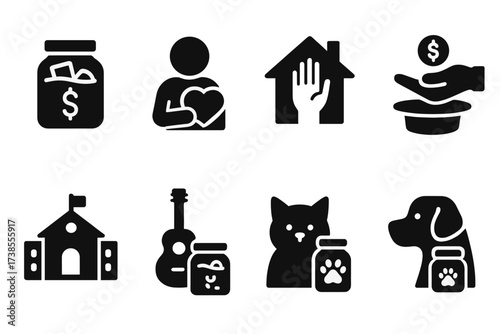 Tip Jar Icons Collection. Solid, filled icon set of tip jar fundraising: charity, donation, community support, non-profit, event fundraiser, street