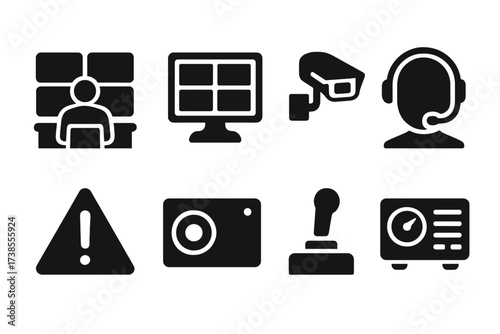 Surveillance Icon Set. Solid, filled icon set of surveillance monitoring: control room, computer screen, video feed, headset, alert notification, recording