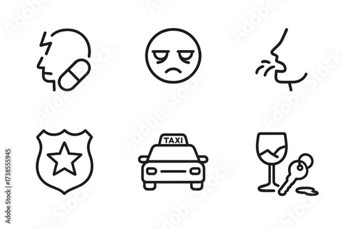 Consequences Icon Set. Outline icon set of consequences: headache pill, tired eyes, vomiting, police badge, taxi car, broken glass, lost keys, spilled drink.
