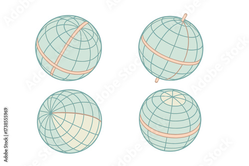 Pastel Navigation Globe. Isometric vector illustration set meridian longitude latitude grid: navigation globe with parallels,