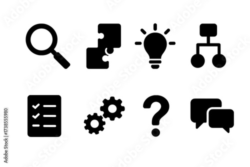 Problem Solving Icons. Solid, filled icon set of problem solving: magnifying glass, puzzle piece, light bulb, flowchart, checklist, gears, question mark, chat