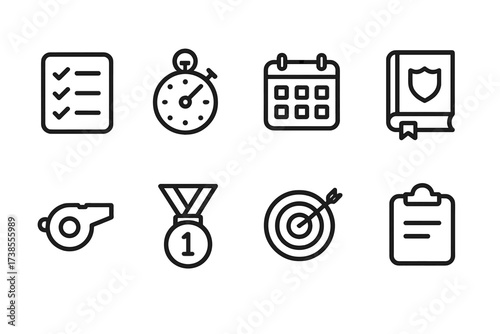 Discipline Icon Set. Outline icon set of discipline: checklist, stopwatch, calendar, rulebook, whistle, medal, target, clipboard. Line icons in only black