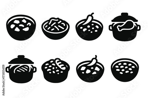 Slow-Cooked Icons. Solid, filled icon set of slow-cooked main dishes: beef stew, pulled pork, chili, braised lamb, pot roast, cassoulet, curry, baked beans.