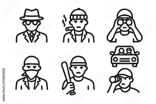 Gang Icon Set. Outline icon set of gang members: leader, henchman, lookout, getaway driver, negotiator, enforcer, tattoo artist, lookout. Line icons in only