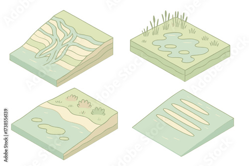 Isometric Delta Illustration. Isometric vector illustration set delta sediment deposit fan: delta with braided river streams,