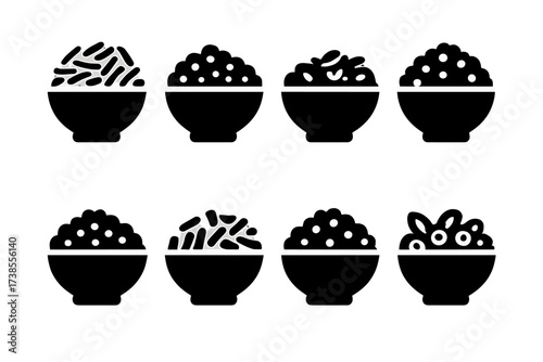 Grain Side Dishes Icons. Solid, filled icon set of grain side dishes: wild rice, couscous, barley salad, brown rice, farro, bulgur wheat, millet, corn salad.