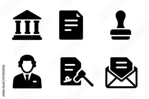Legal Icon Set. Solid, filled icon set of legal notice: courthouse, legal paper, scales of justice, official stamp, lawyer icon, signed document, gavel, notice