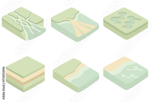 Delta Sediment Diagram. Isometric vector illustration set delta sediment deposit fan: braided channels at delta, fan-shaped