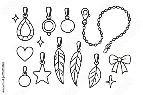 Pendant Doodle Collection. Hand-drawn doodle illustration pendant collection gemstone pendant, charm pendant, silver pendant, gold pendant, chain, clasp, bail,