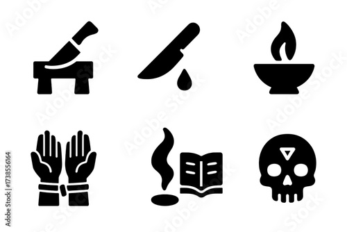 Sacrificial Icon Set. Solid, filled icon set of sacrificial scenes: altar with blade, dripping knife, offering bowl, bound hands, soul wisp, open book, grave