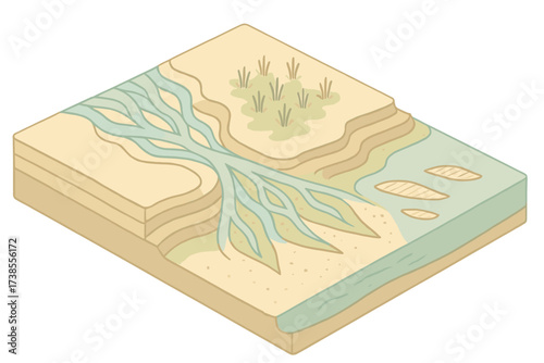 Isometric Delta Illustration. Isometric vector illustration set delta sediment deposit fan: delta with braided river streams,