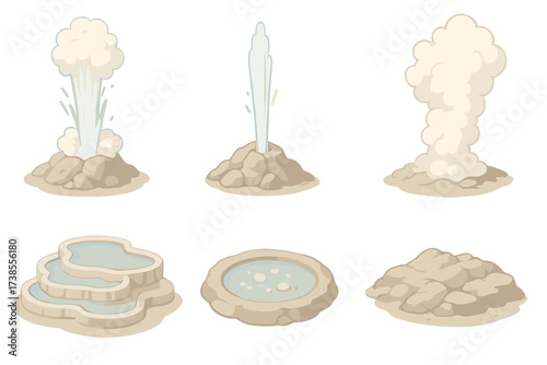 Pastel Geyser Eruption. Isometric vector illustration set geyser hot water erupt: erupting geothermal geyser, boiling water jet,