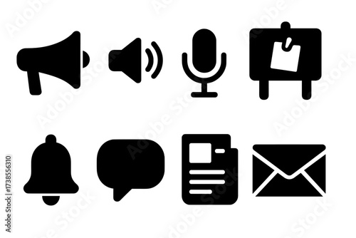 Announcement Icon Set. Solid, filled icon set of announcement: megaphone, loudspeaker, microphone, bulletin board, notification bell, speech bubble, newspaper,