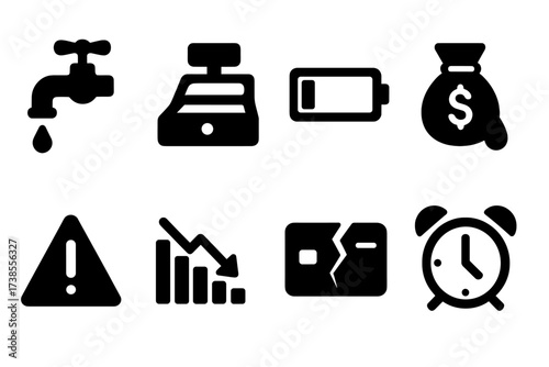 Liquidity Icon Set. Solid, filled icon set of liquidity issues: drying faucet, empty cash register, low battery, leaking money bag, caution sign, falling bar