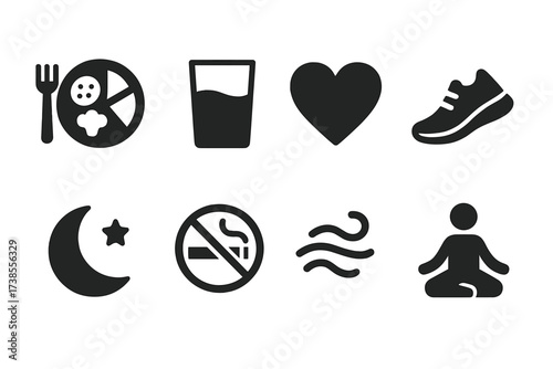 Healthy Lifestyle Icons. Solid, filled icon set of healthy lifestyle: balanced plate, water glass, heart icon, running shoe, sleep moon, no smoking, fresh air,