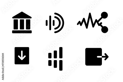 Audio Effects Icons. Solid, filled icon set of audio effects: reverb, echo, distortion, chorus, compression, equalizer, filter, delay. Solid, filled icons in