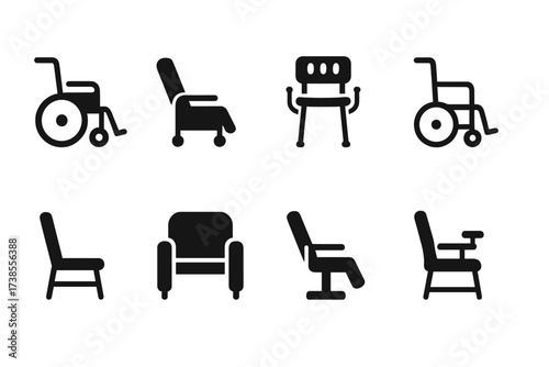 Healthcare Seating Icons. Solid, filled icon set of healthcare seating: wheelchair, medical recliner, shower chair, transport chair, hospital visitor chair,