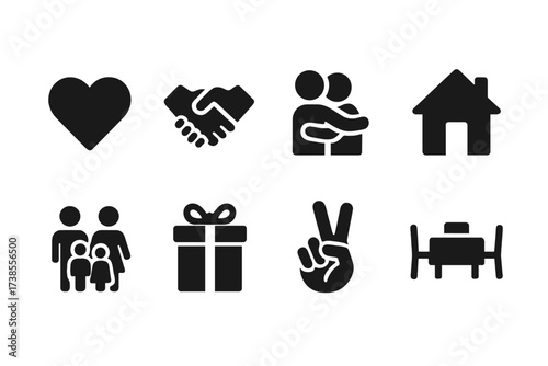 Family Respect Icons. Solid, filled icon set of respect in family relationships: heart, handshake, hug, home, family members, gift, peace sign, dinner table.