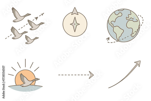 Migrating Geese Journey. Isometric vector illustration set migration route flock season: migrating geese V shape, dotted travel