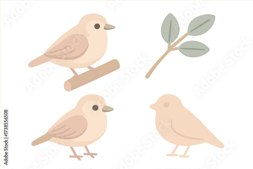 Calm Bird Perch. Isometric vector illustration set perch branch rest observe: bird calmly perched, twig with foliage, folded wing